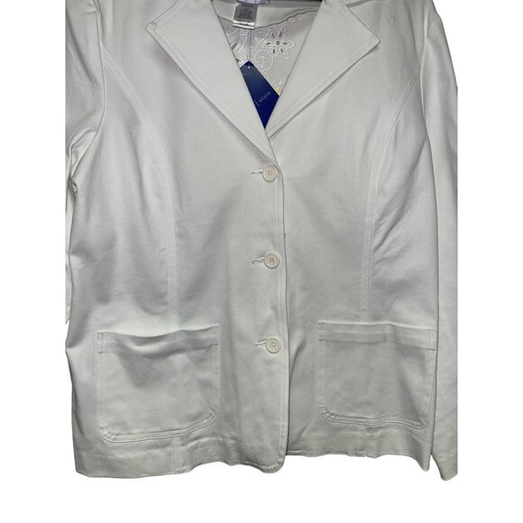 NEW! Susan Graver Women's White Denim Blazer Embroidered Cut Out Pockets Medium - Picture 4 of 11